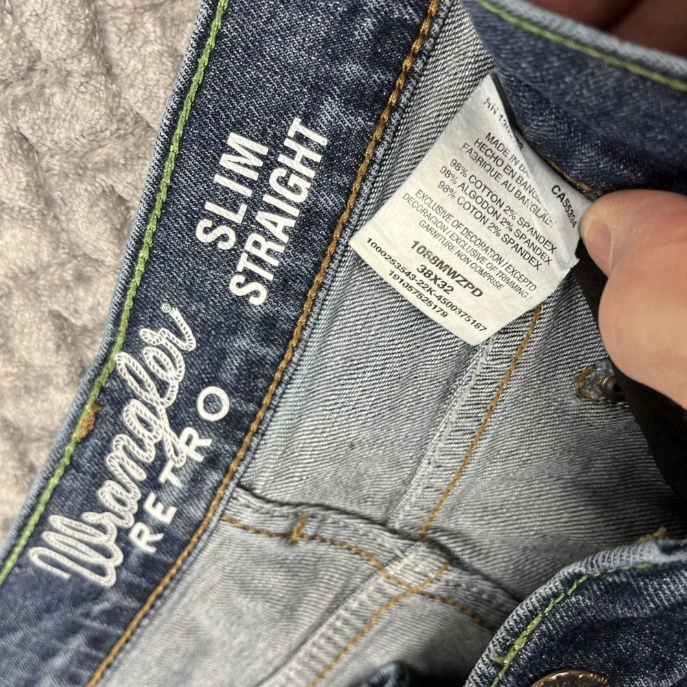 Wrangler Retro Jeans Mens 38x32 Blue Wash Slim Straight Casual Cowboy Denim